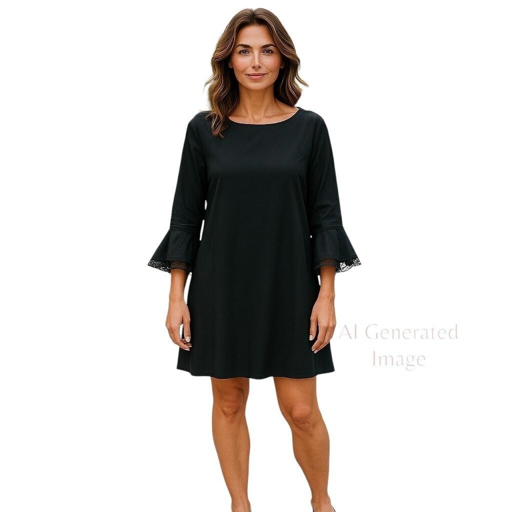 TAHARI Levine Lace Top Back 3/4 Length Bell Sleeve Lined  Black Dress Size 8